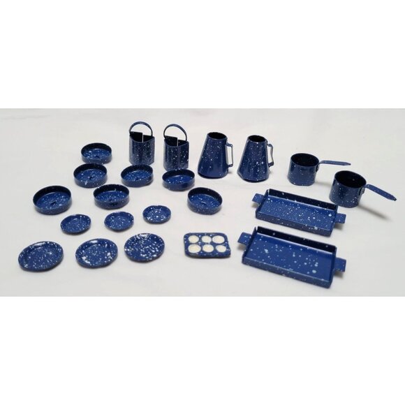 Vintage Lot of 22 Miniature Blue Enamel Speckled Design Dollhouse Kitchenware - Picture 1 of 9